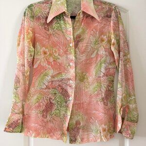 Vintage Sheer Pink Button-Up Blouse Tropical Floral Print S